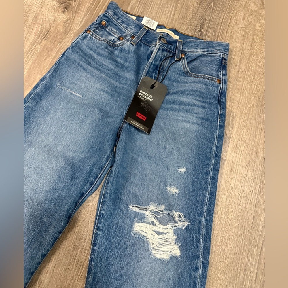 Levi’s Ribcage Straight Ankle Jeans Ultra High Rise Distressed Denim Medium Wash - Picture 5 of 11